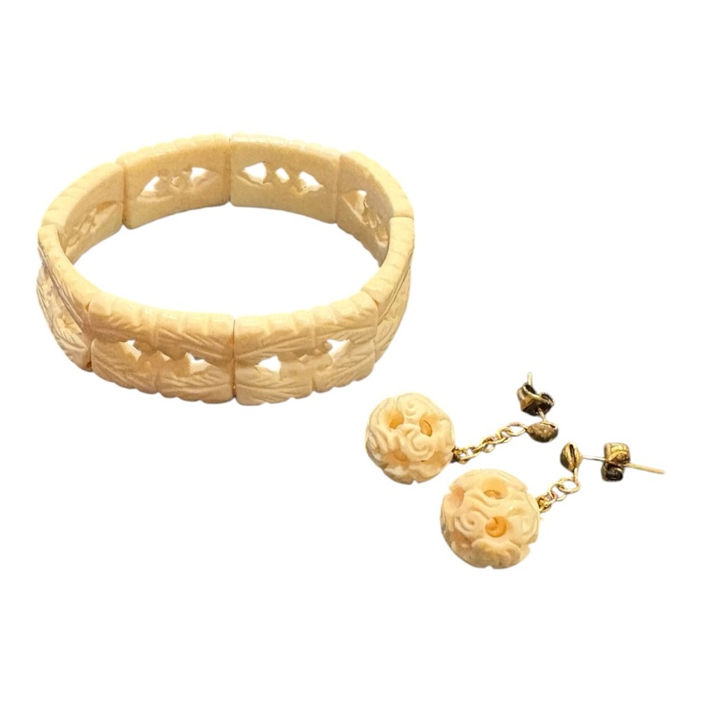 Vintage Hand Carved Bone Bracelet & Earrings Set Floral Filigree J14